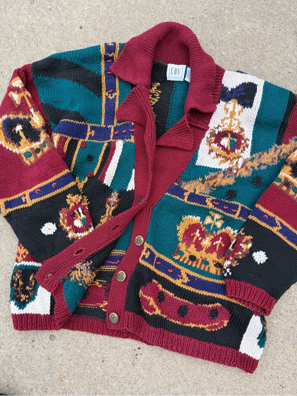 Vintage 80s CHU Chunky Crown Motif Cardigan Sweater - Burgundy, Teal, Black.